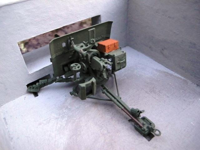 2 Pounder QF Anti-tank Gun set within a Type 28 emplacement. legs fitted in purpose floor slots. Pic and model by Tim Denton.