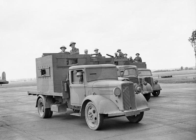 Armoured trucks used for airfield defence at Wyton, Cambridgeshire. RAF personnel man armoured trucks used for airfield defence at Wyton, Cambridgeshire, July 1940. ROYAL AIR FORCE BOMBER COMMAND, 1939-1941.© IWM (CH 727) IWM Non Commercial Licence 